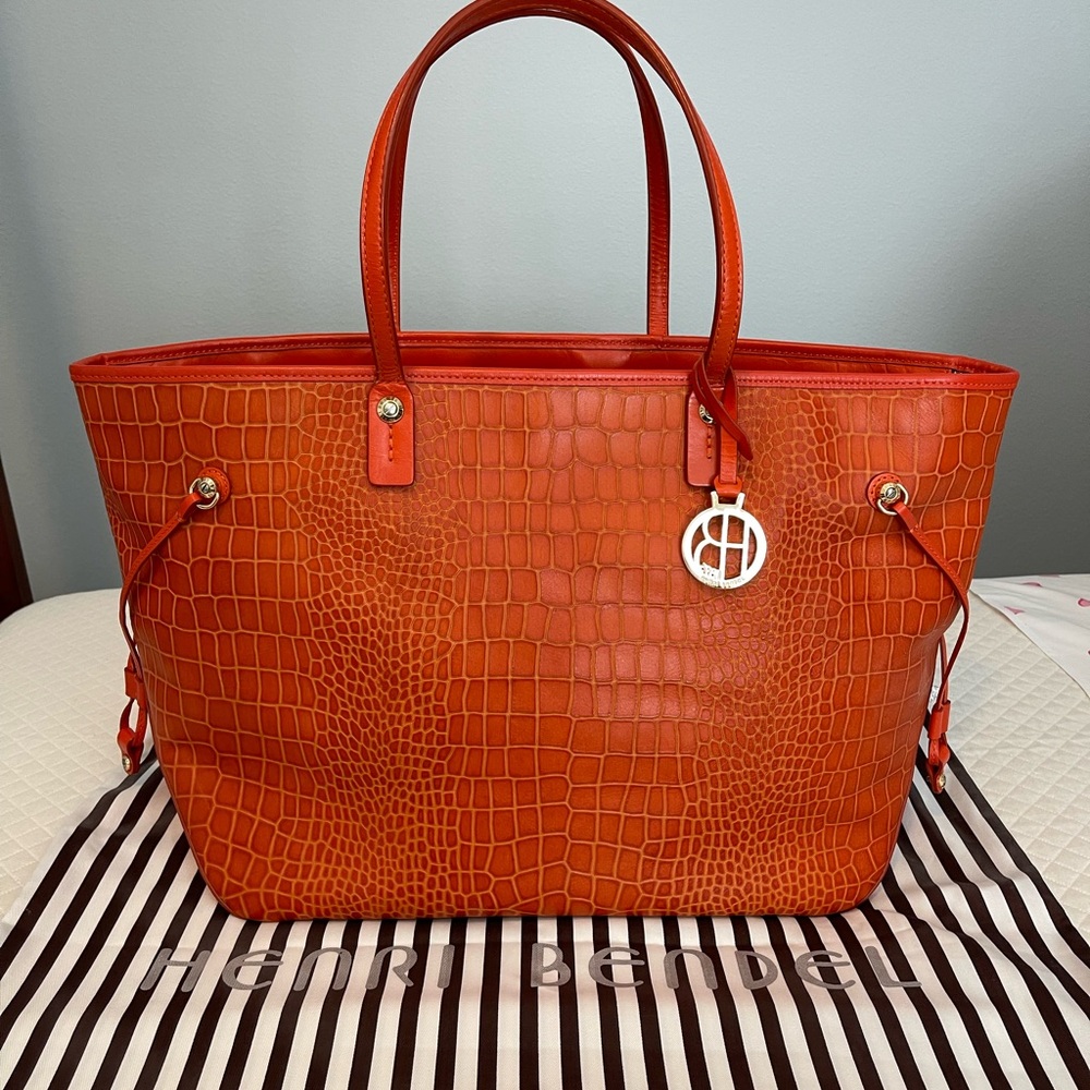 Henri Bendel Orange Textured Tote Bag with Silver Accents